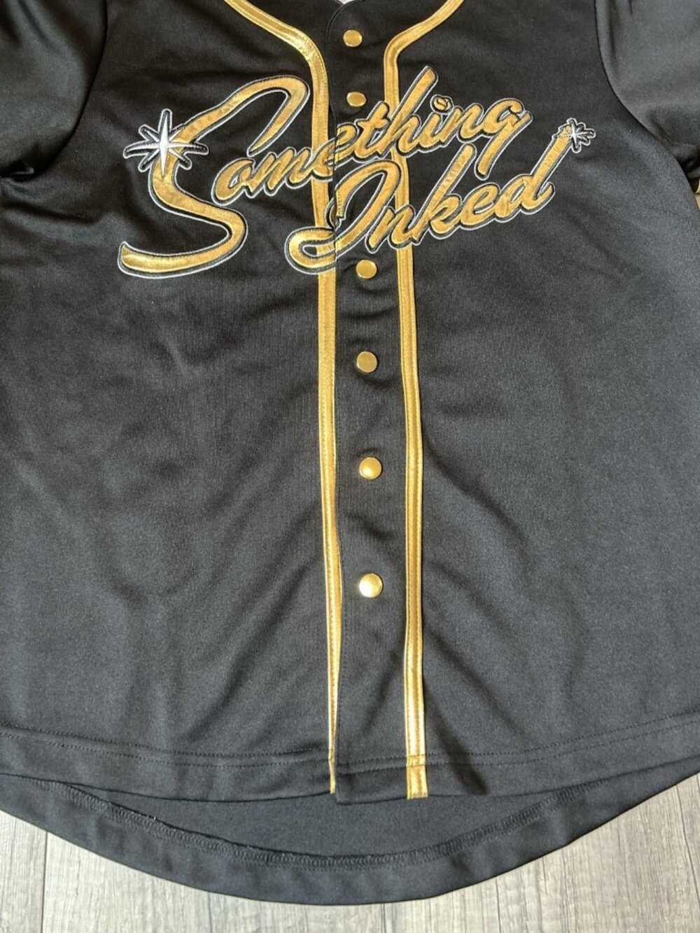 Something Inked Baseball Jersey Shorts Set Black Gold Size S Small Buttons Shirt - Picture 5 of 16